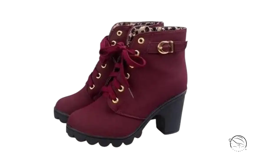 Burgundy waterproof high heel martin leather boots with laces and buckle