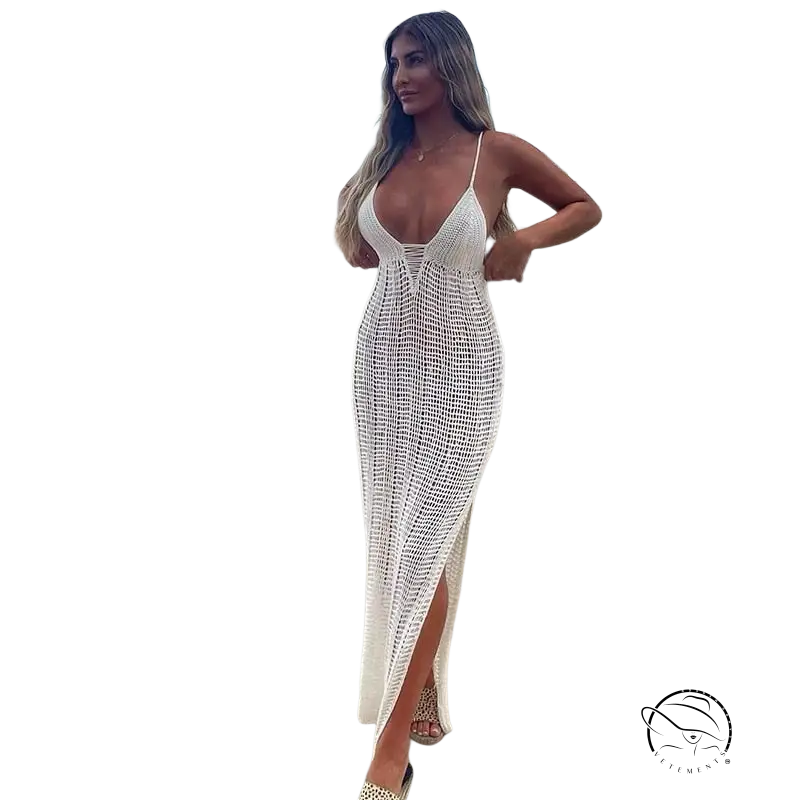 White crochet sexy bodycon dress with high slit and thin straps