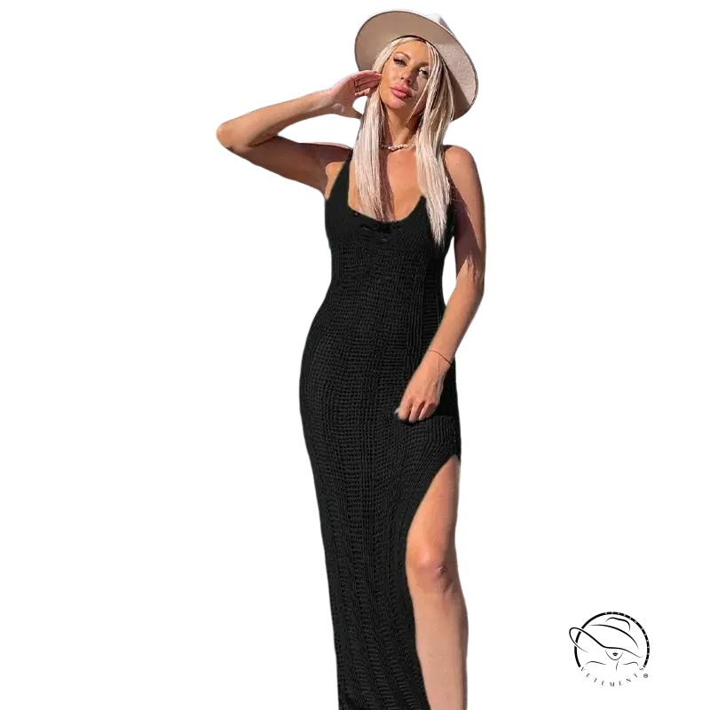 White crochet sexy bodycon dress with black ribbed maxi and wide hat