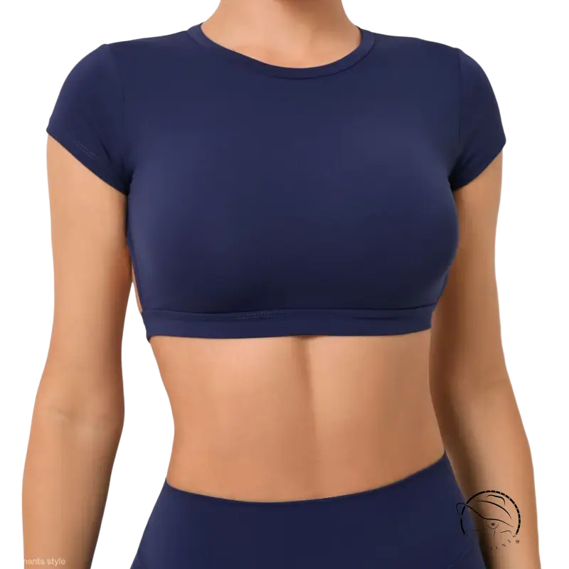 Wild Peach navy blue crop top with ribbed hem for glow outdoor fit