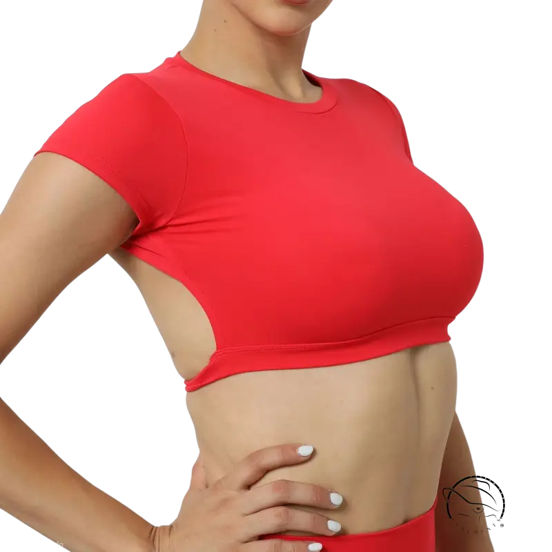 Wild Peach red crop top with side cutout for glow outdoor fit
