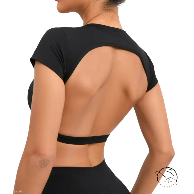 Wild Peach black crop top with cutout back for glow outdoor fit
