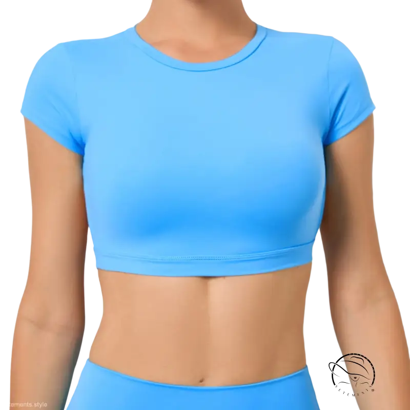 Wild Peach bright blue crop top with glow outdoor fit