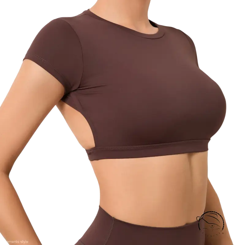 Wild Peach sleek chocolate-brown crop top with side cutout for outdoor fit