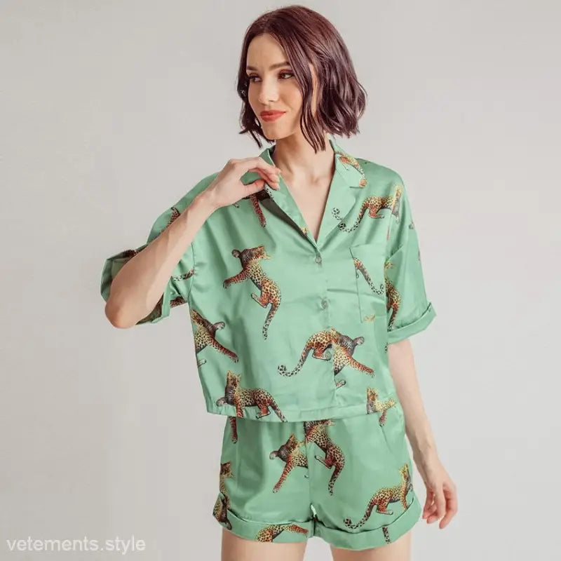 Leopard-print Wild Tiger Pajamas set featuring short sleeve top and shorts for summer