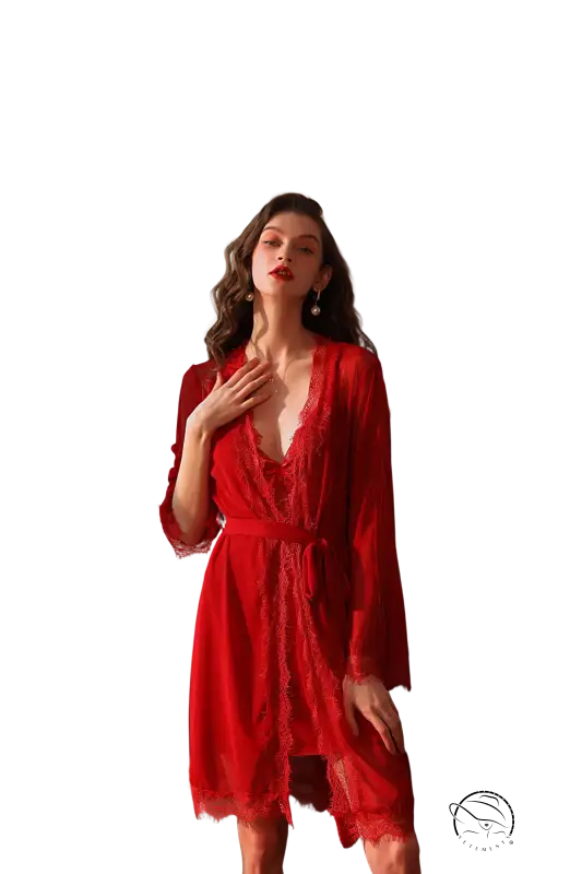 Woman in vibrant wine red outerwear gown with belted sleeves