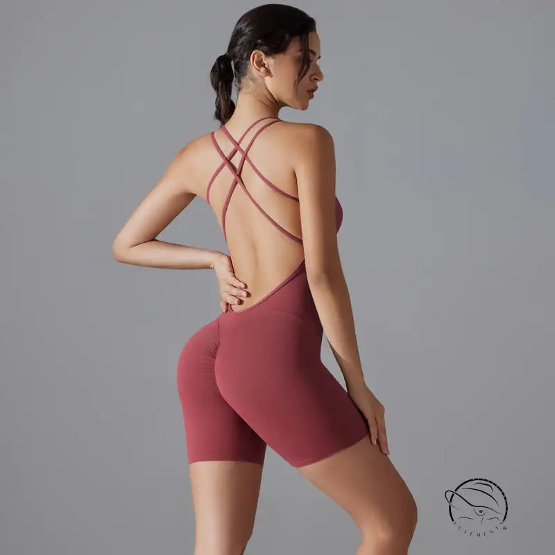 Wine red Langry one-piece yoga bodysuit with crisscross back straps