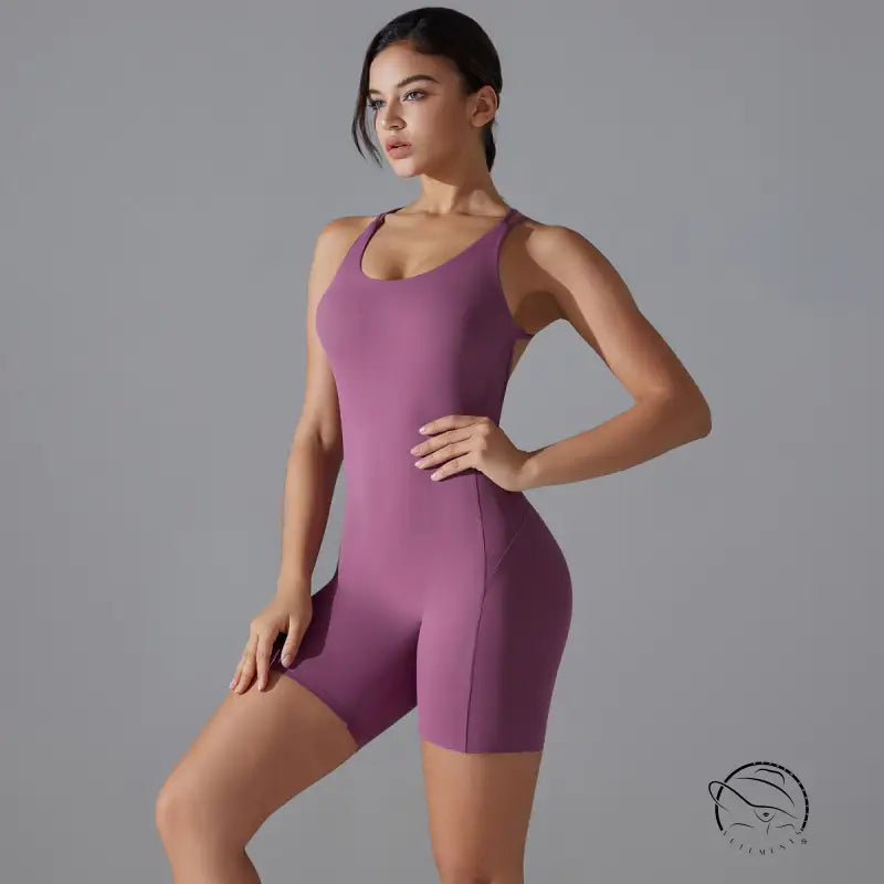 Wine red Langry one-piece yoga bodysuit, form-fitting textured design