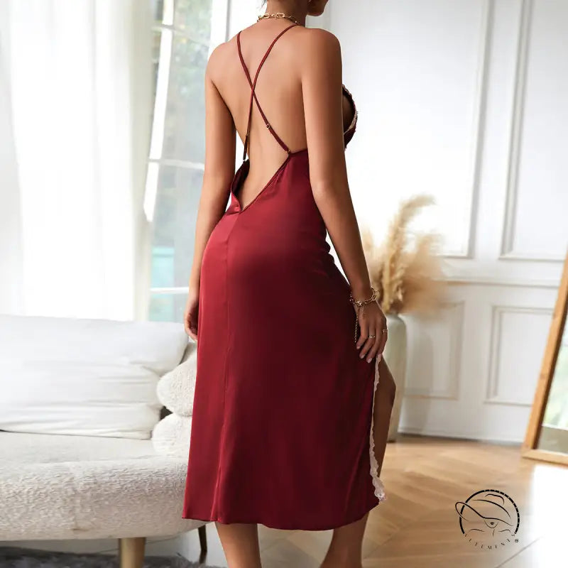 Wine red sexy silk nightdress with backless design, crisscross straps, and side slit