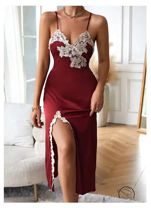 Wine red sexy silk nightdress with maroon satin, lace trim, slit and backless design