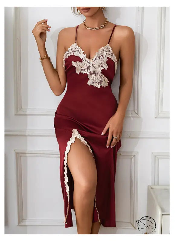 Wine red silk nightdress with lace trim, high slit, and backless design for a sexy silk nightdress look