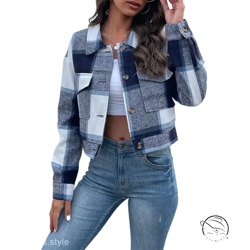 Winter Plaid Long Sleeve Shacket in blue, gray, and white over crop top and jeans