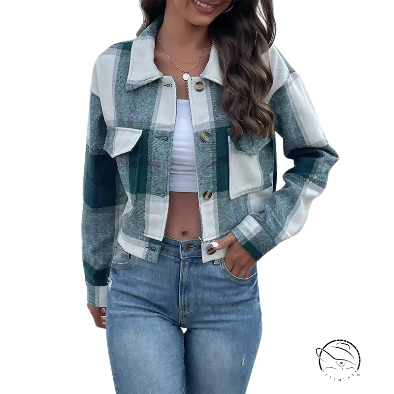 Plaid long sleeve winter plaid jacket in green and white with button closure and pocket