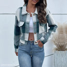 Plaid long sleeve winter plaid jacket in green and white with button closure and pocket