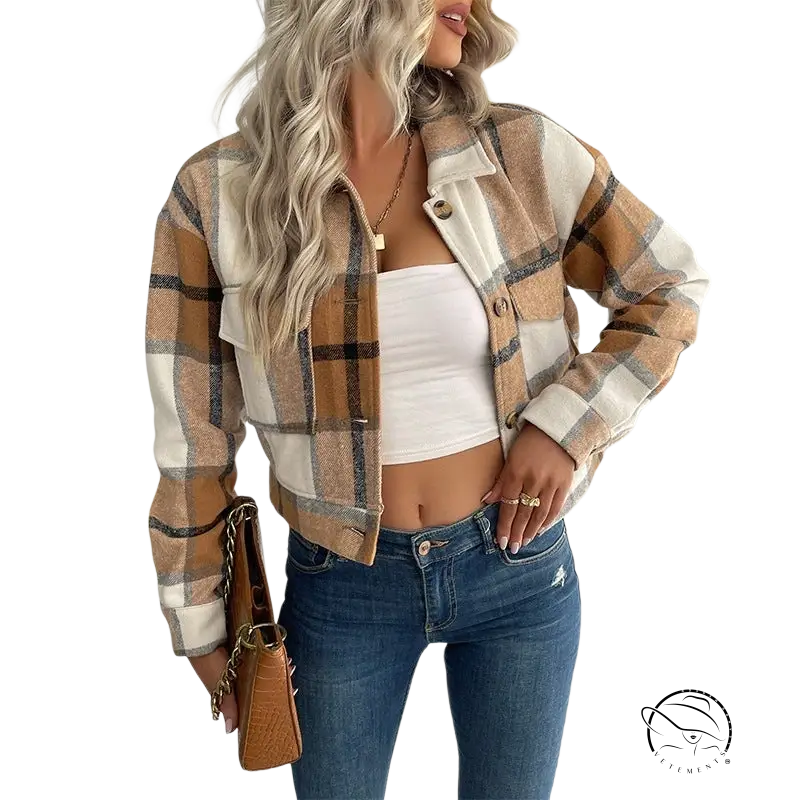 Winter Plaid Long Sleeve Shacket with Pocket and Button Closure over a white crop top