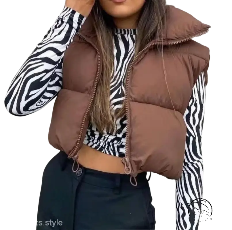 Winter slim fit cotton padded jacket vest in brown with high collar and zipper