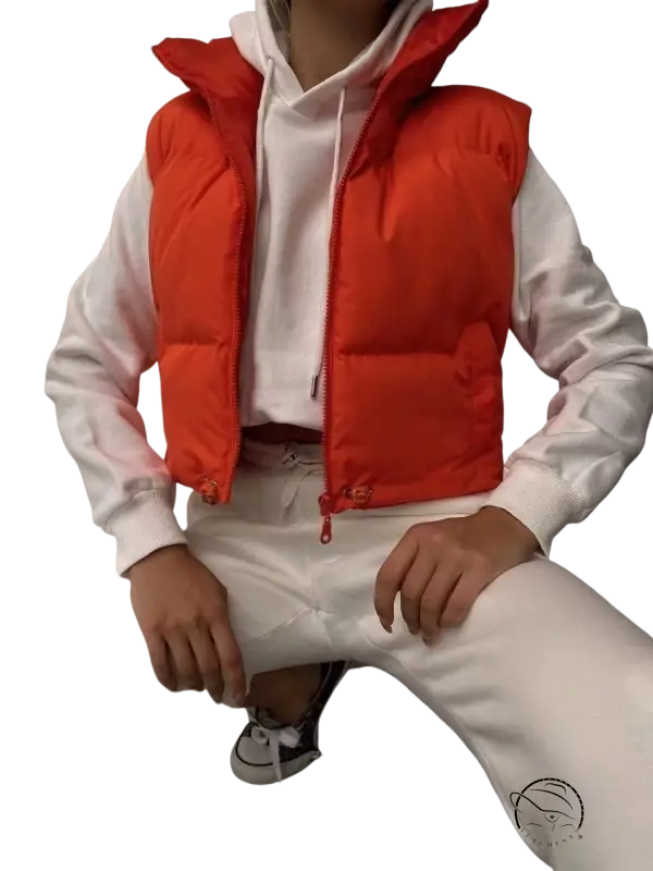 Bright orange winter slim fit cotton padded jacket vest with red zipper
