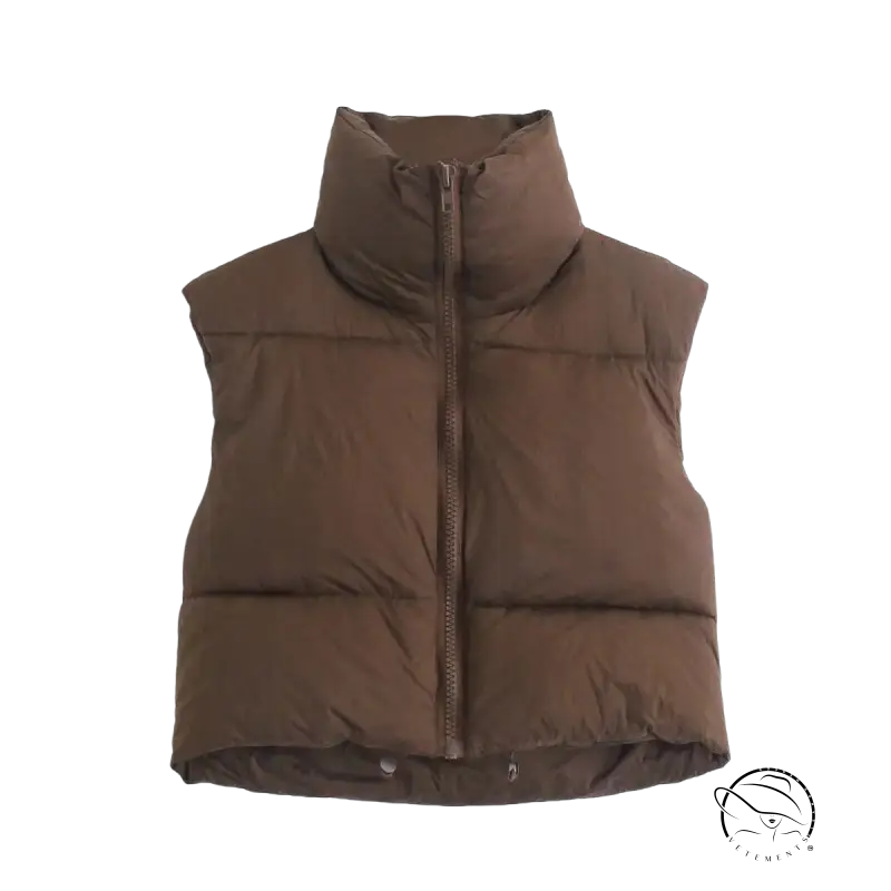 Winter slim fit cotton padded jacket vest in brown with high collar and zipper