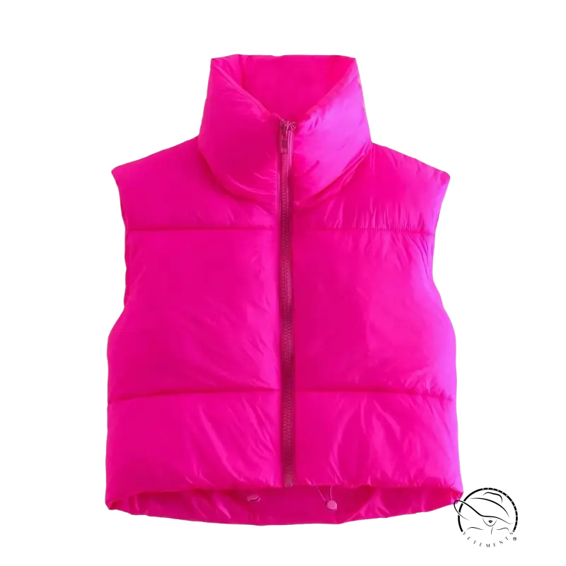 Bright fuchsia winter slim fit cotton padded jacket vest with high collar and zipper
