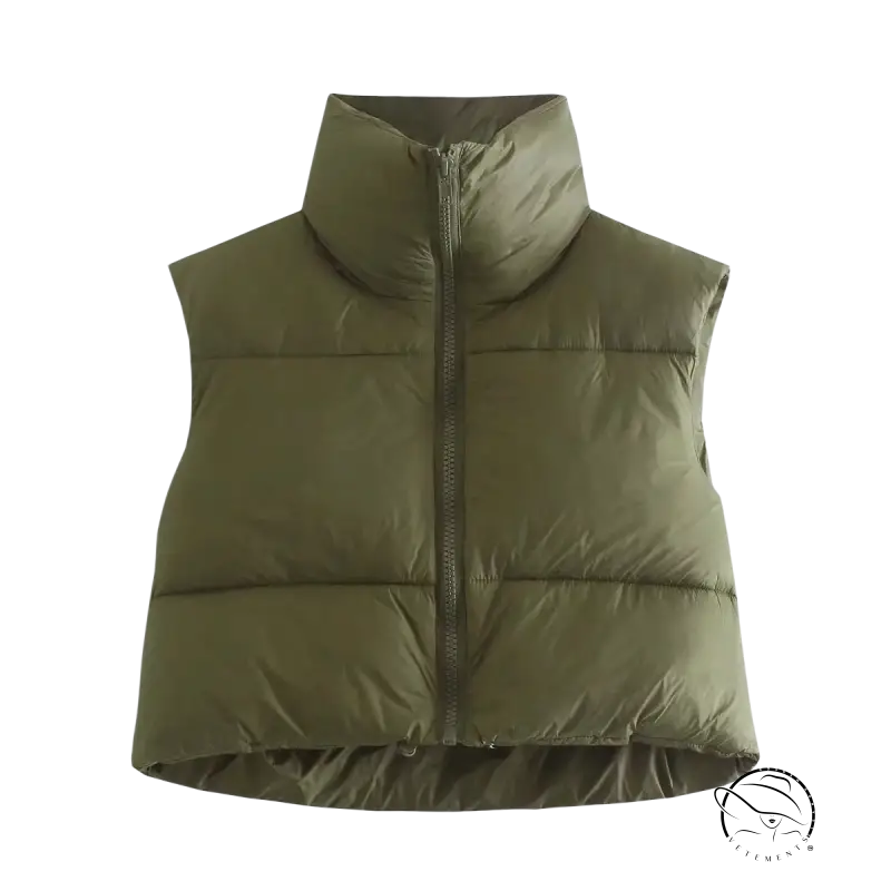 Olive green winter slim fit cotton padded jacket vest with high collar and zipper