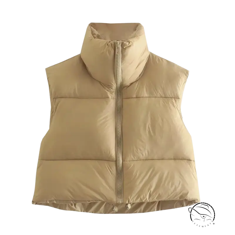 Winter slim fit cotton padded jacket vest in beige with high collar and zipper